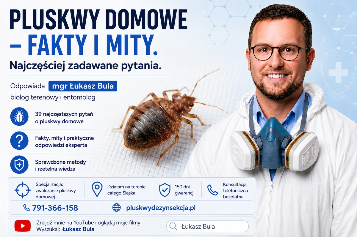 Plakat o pluskwach domowych z entomologiem w kombinezonie i dużą pluskwą.