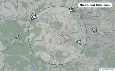 Mapa okolic miasta z sylwetkami samolotów — Niebo nad Gliwicami na żywo