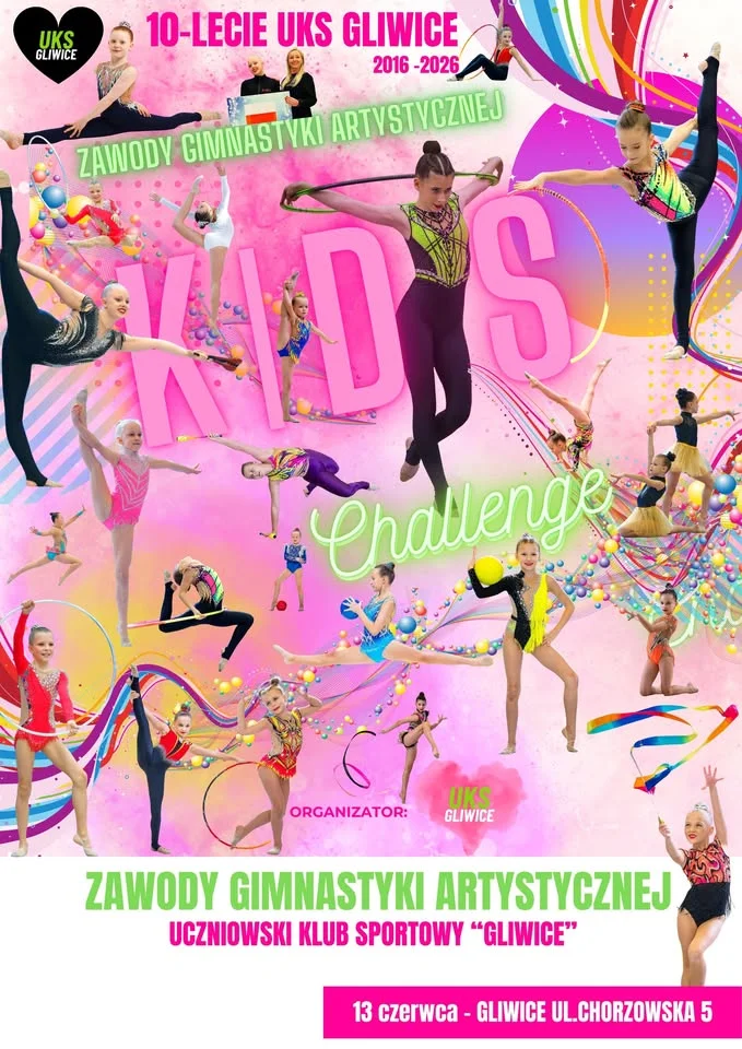 Grafika promocyjna wydarzenia 10-lecie UKS Gliwice — zawody gimnastyki artystycznej Wyzwanie dla Dzieci