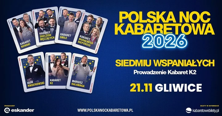Grafika promocyjna wydarzenia Polska Noc Kabaretowa 2026 — Siedmiu wspaniałych w Gliwicach