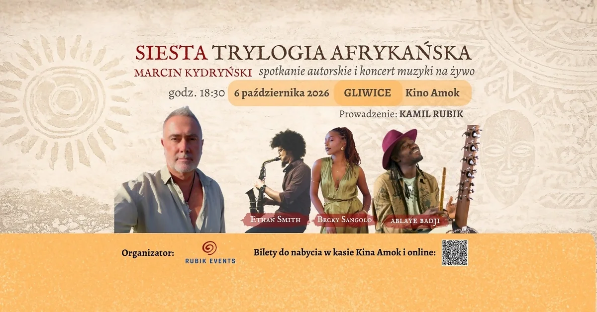 Grafika promocyjna wydarzenia Siesta & Trylogia Afrykańska w Gliwicach