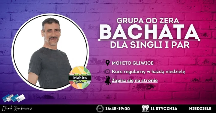 Grafika promocyjna wydarzenia Bachata od zera z Jurkiem — Szkoła Tańca Mohito Gliwice