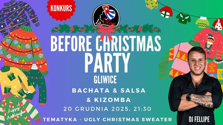Grafika promocyjna wydarzenia BEFORE CHRISTMAS PARTY w La Clave Gliwice — bachata, salsa i kizomba w świątecznym klimacie