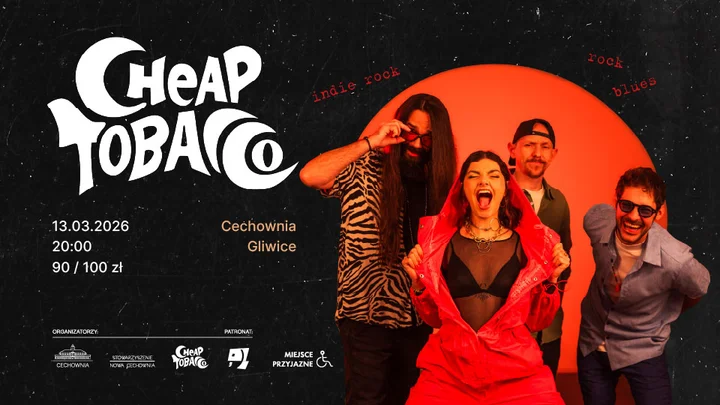 Grafika promocyjna wydarzenia CHEAP TOBACCO — premiera płyty „Wschody i zachody” w Cechowni
