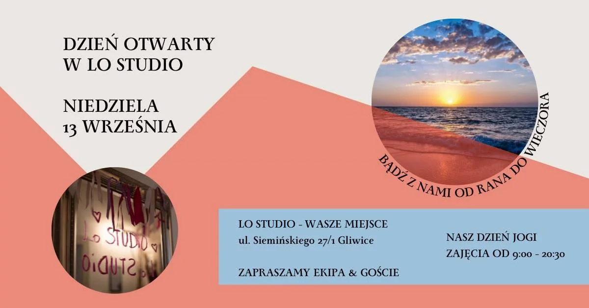 Grafika promocyjna wydarzenia Dzień otwarty w Lo Studio – ruch i relaks
