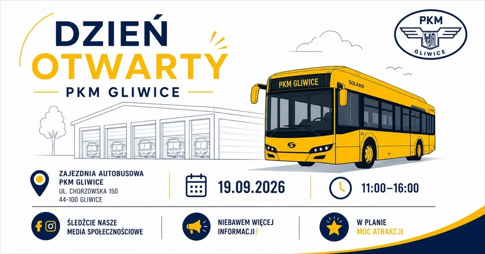 Grafika promocyjna wydarzenia Dzień Otwarty Zajezdni PKM Gliwice 2026 – zwiedzanie zajezdni