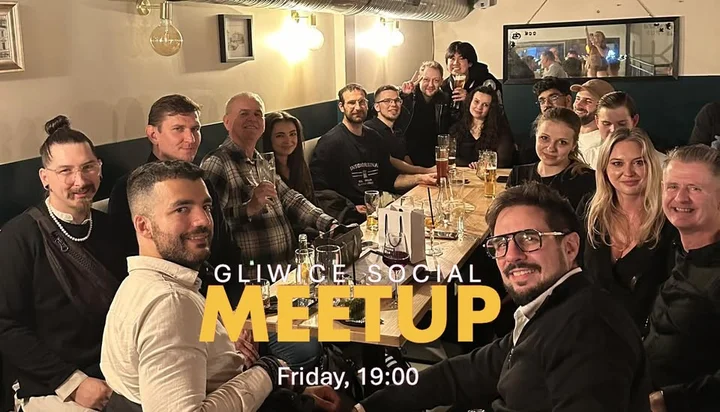 Grafika promocyjna wydarzenia Gliwice Social Meetup — piątkowe spotkanie towarzyskie w Pierwszej Polce