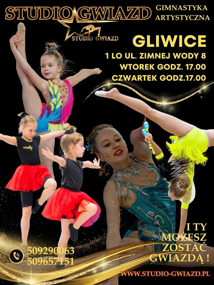 Obrazek przedstawia grafikę promocyjną wydarzenia Bezpłatne zajęcia pokazowe gimnastyki artystycznej dla dzieci w Gliwicach