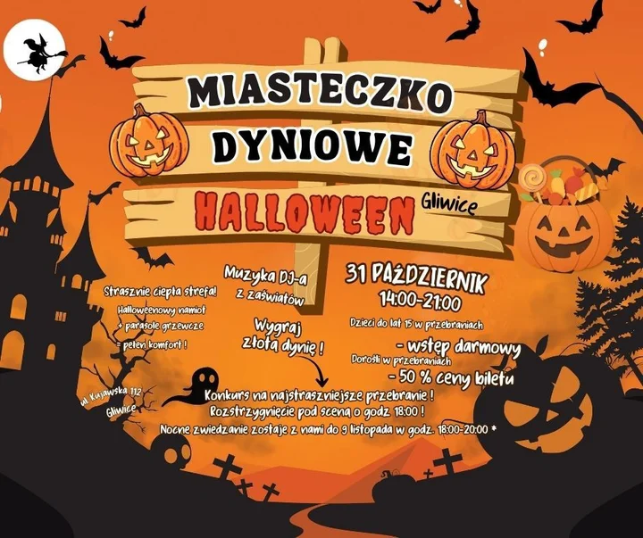 Grafika promocyjna wydarzenia Halloween – Miasteczko Dyniowe Gliwice: strasznie wesoła zabawa dla całej rodziny