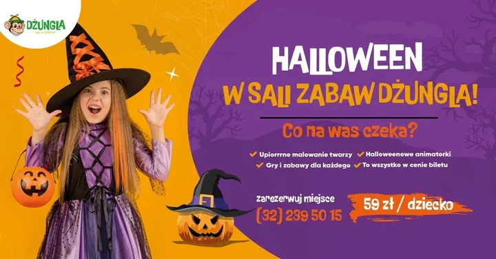 Grafika promocyjna wydarzenia Halloween w DŻUNGLA Gliwice — upiornie wesoła zabawa dla najmłodszych (31 października)