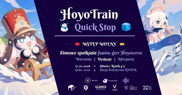 Grafika promocyjna wydarzenia HoyoTrain QuickStop 2026 – Gliwice: jednodniowe spotkanie fanów Hoyoverse