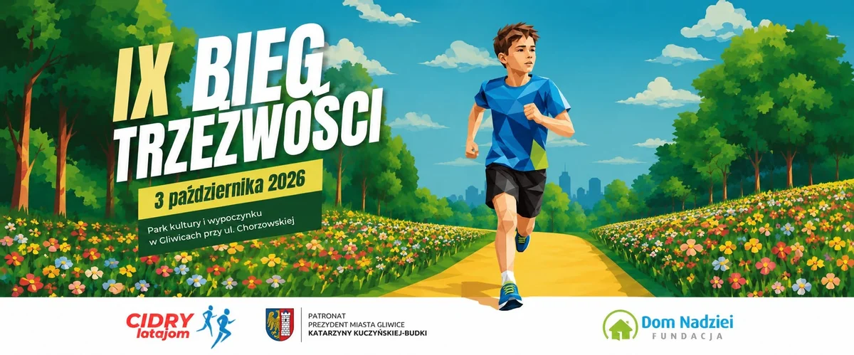 Grafika promocyjna wydarzenia IX Bieg Trzeźwości w Gliwicach