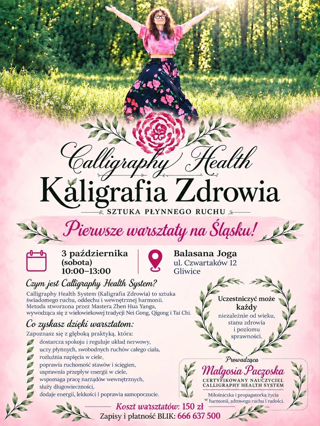 Grafika promocyjna wydarzenia Kaligrafia Zdrowia: warsztaty ruchu