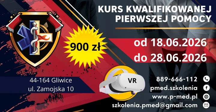 Grafika promocyjna wydarzenia KPP Gliwice — Kwalifikowana Pierwsza Pomoc (kurs 18–28 czerwca 2026)