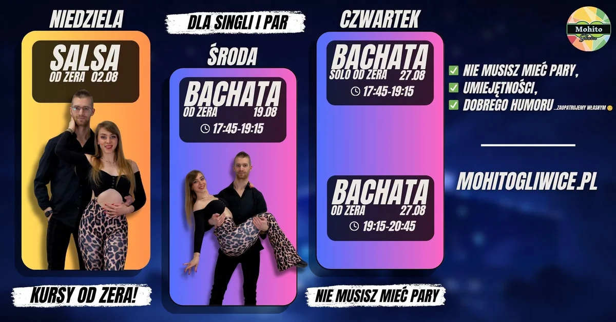 Grafika promocyjna wydarzenia KURSY TAŃCA OD ZERA – Bachata i salsa w Gliwicach