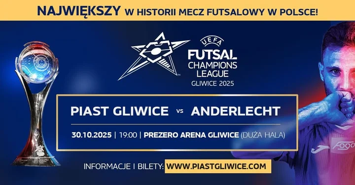 Obrazek przedstawia grafikę promocyjną wydarzenia Main Round Ligi Mistrzów Futsalu w Gliwicach — Piast Gliwice Futsal kontra RSC Anderlecht