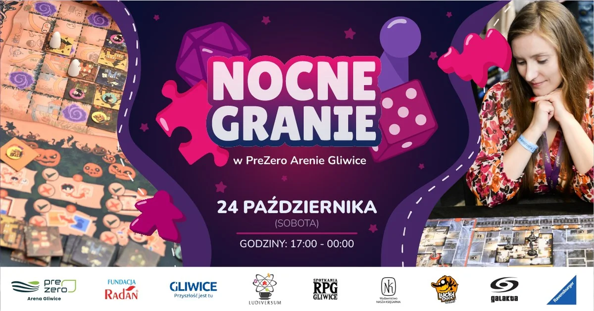 Grafika promocyjna wydarzenia Nocne Granie Gliwice – planszówki i RPG