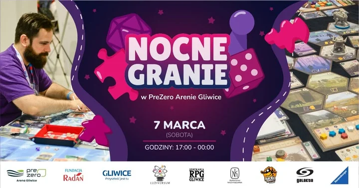 Grafika promocyjna wydarzenia Nocne Granie w PreZero Arenie Gliwice — planszówki, RPG i puzzle