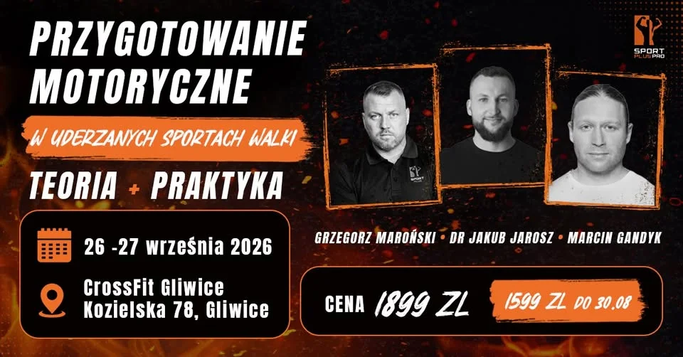 Grafika promocyjna wydarzenia Przygotowanie Motoryczne w Uderzanych Sportach Walki – szkolenie dla fighterów