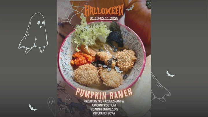 Grafika promocyjna wydarzenia PUMPKIN SHROOM RAMEN — halloween edit: dyniowy ramen w Plebańska 10