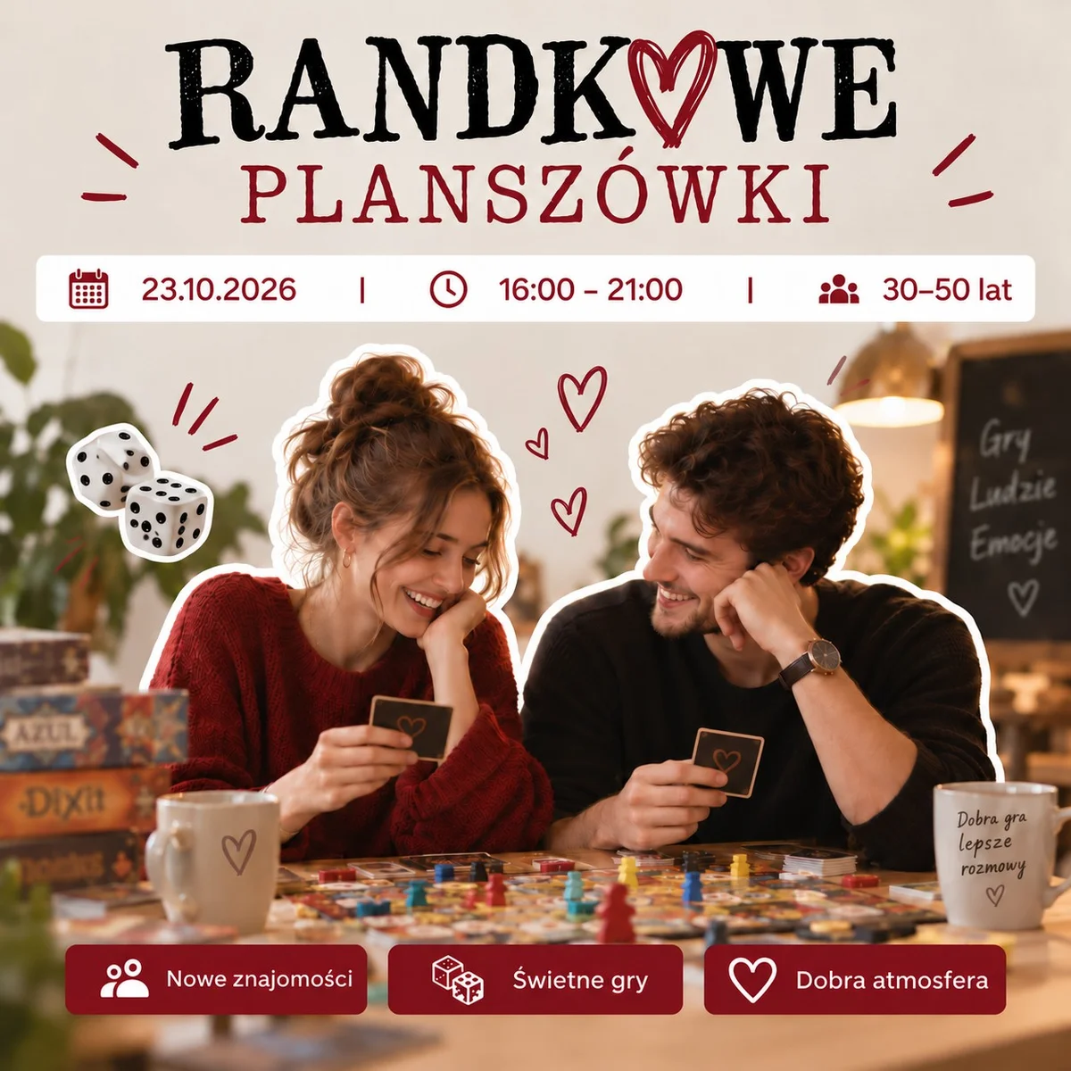 Grafika promocyjna wydarzenia Randkowe Planszówki 30–50 lat w Gliwicach