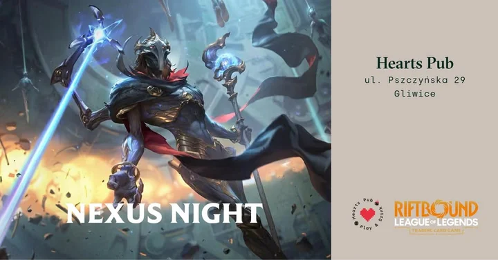 Grafika promocyjna wydarzenia Riftbound — Nexus Nights w Hearts Pub Gliwice