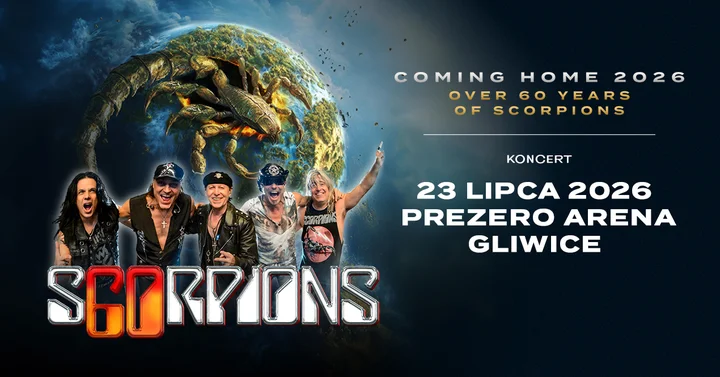 Grafika promocyjna wydarzenia Scorpions w Gliwicach — koncert 23 lipca 2026