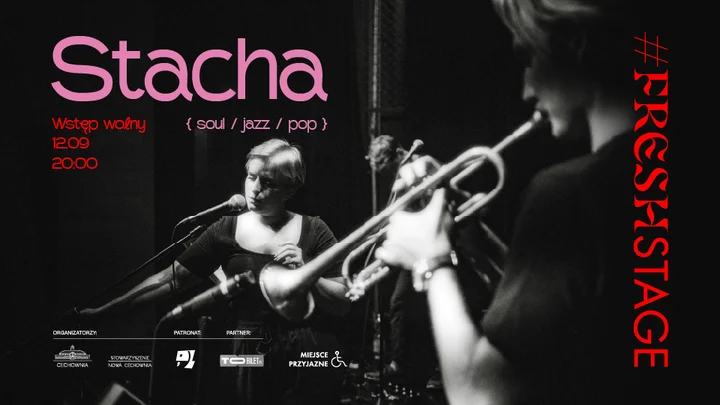 Obrazek przedstawia grafikę promocyjną wydarzenia Koncert Stachy w Cechowni — muzyka soulowa z jazzowym zacięciem