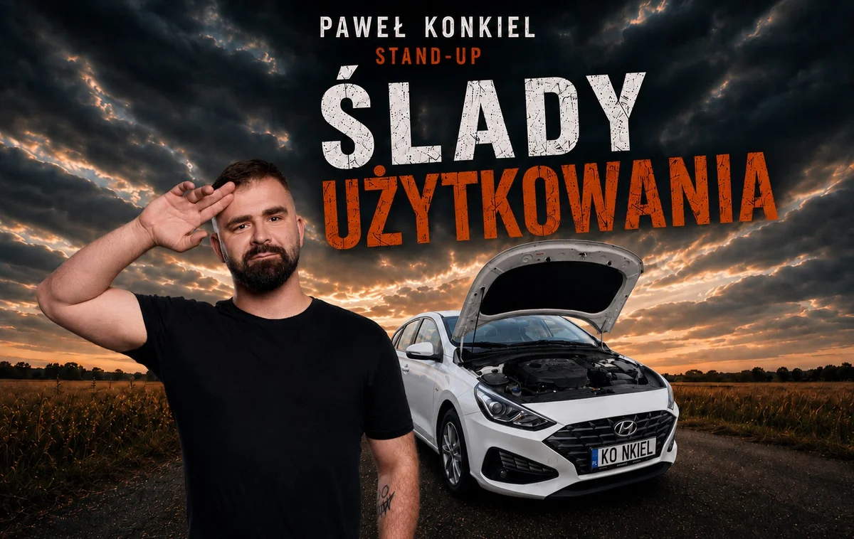 Grafika promocyjna wydarzenia Stand-up Gliwice – Paweł Konkiel „Ślady użytkowania”