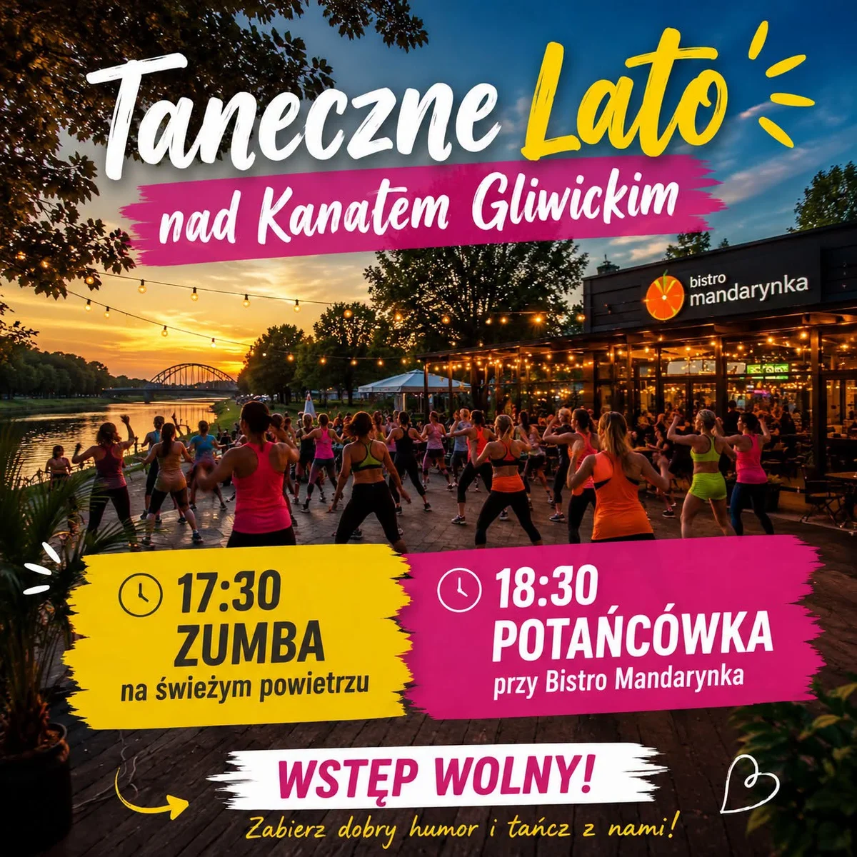 Grafika promocyjna wydarzenia Taneczne Lato nad Kanałem Gliwickim – zumba i potańcówka