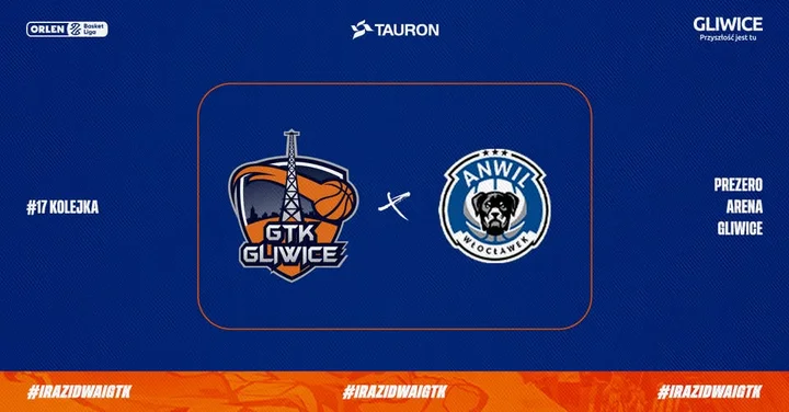 Grafika promocyjna wydarzenia TAURON GTK Gliwice vs Anwil Włocławek — sobotnie starcie w PreZero Arena