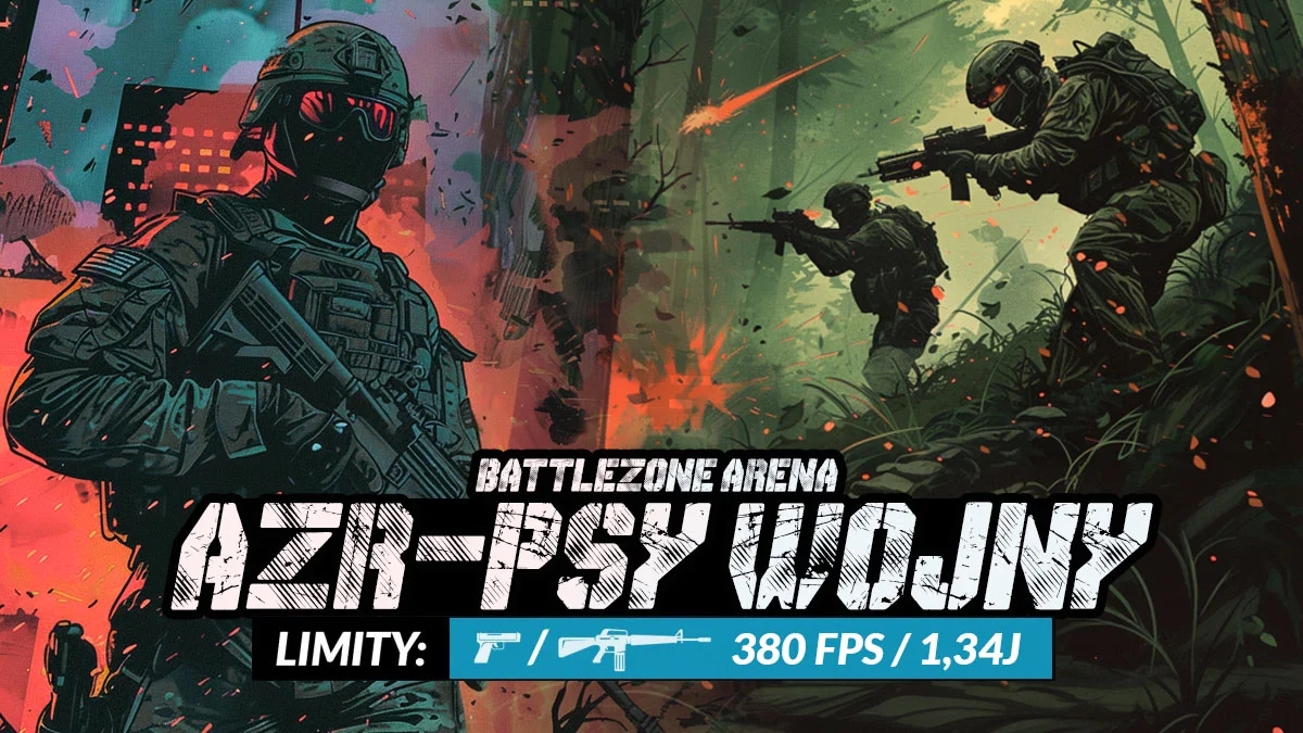 Grafika promocyjna wydarzenia Team Deathmatch w Battlezone Arena Gliwice – gra terenowa w mieście i lesie