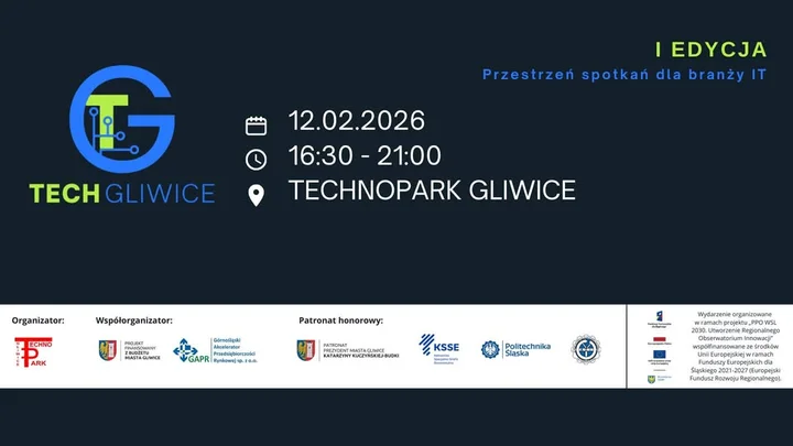 Grafika promocyjna wydarzenia TechGliwice — 1. edycja spotkania lokalnej społeczności tech