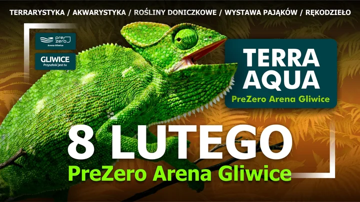 Grafika promocyjna wydarzenia Terra Aqua Gliwice — targi akwarystyki i terrarystyki w PreZero Arena