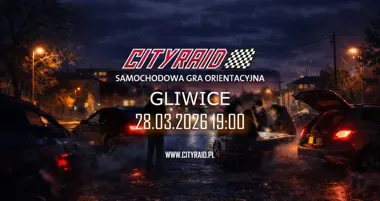Grafika promocyjna wydarzenia CITYRAID Gliwice: samochodowa gra orientacyjna 28 marca
