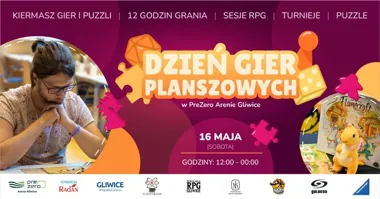 Grafika promocyjna wydarzenia Dzień Gier Planszowych w PreZero Arenie Gliwice — gry, turnieje i kiermasz