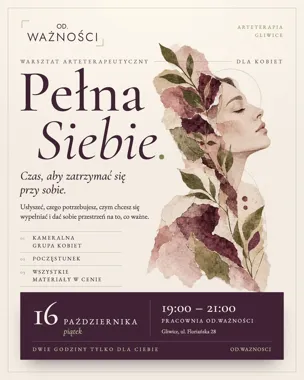 Grafika promocyjna wydarzenia Pełna Siebie: warsztaty arteterapeutyczne