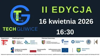Grafika promocyjna wydarzenia TechGliwice 2. edycja w Gliwicach. Bezpłatne spotkanie o AI, gamedevie i technologii