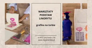 Grafika promocyjna wydarzenia Warsztaty z linorytu – odbitki na torbach bawełnianych (GLIWICE DSCERAMIKA)