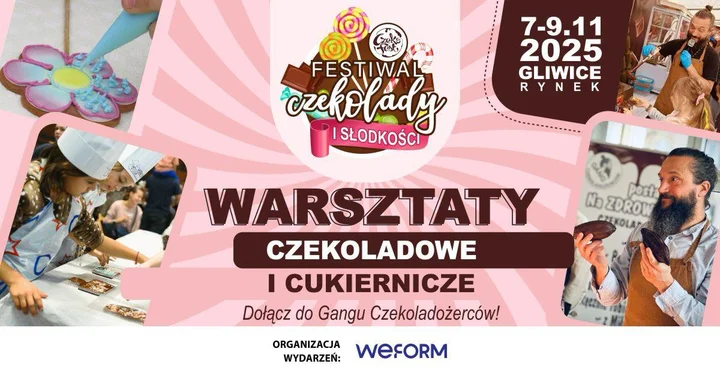 Obrazek przedstawia grafikę promocyjną wydarzenia Warsztaty czekoladowe i cukiernicze dla dzieci na Rynku w Gliwicach