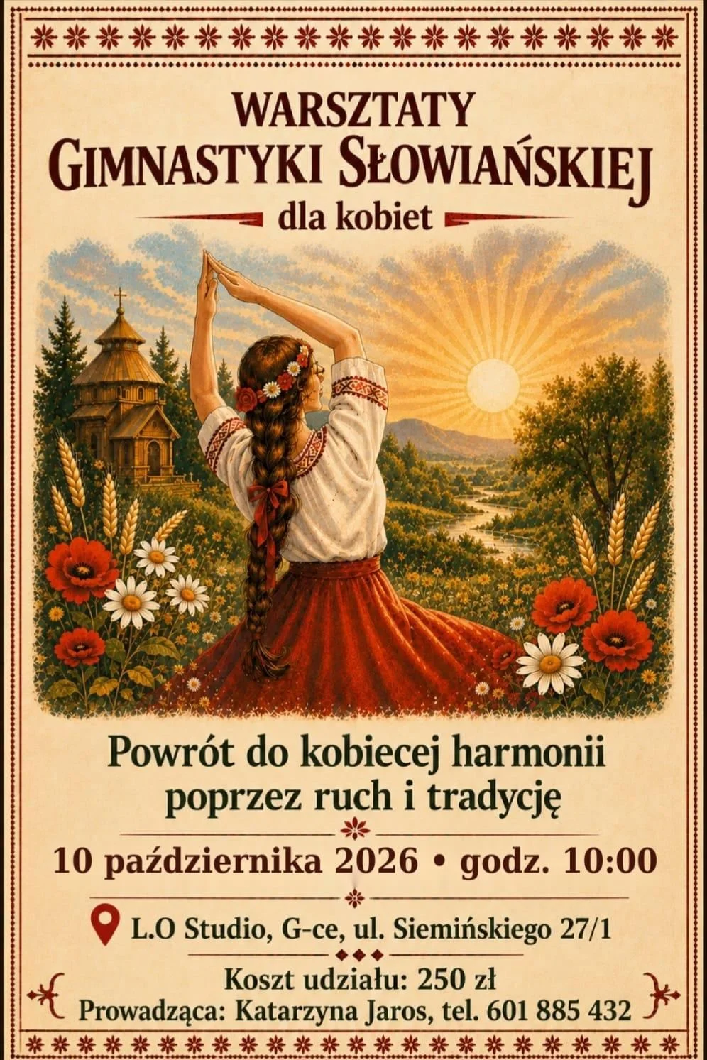 Grafika promocyjna wydarzenia Warsztaty Gimnastyki Słowiańskiej dla Kobiet – ruch i harmonia