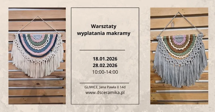 Grafika promocyjna wydarzenia WARSZTATY MAKRAMY | DSCERAMIKA — zimowe warsztaty w Gliwicach