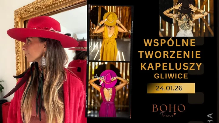 Grafika promocyjna wydarzenia Wspólne tworzenie kapeluszy mocy — warsztat Boho Twins w Gliwicach