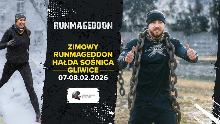 Grafika promocyjna wydarzenia Zimowy Runmageddon Hałda Sośnica Gliwice 2026 — zimowy bieg z przeszkodami