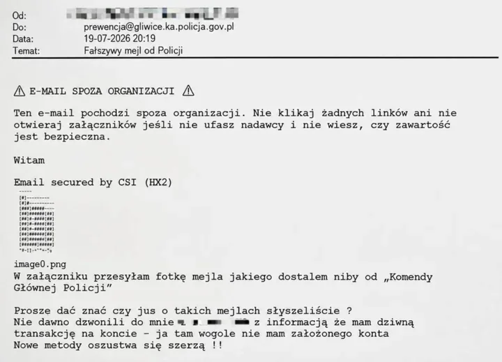 Fałszywy e-mail od Policji z Gliwic - oszuści żądają danych i pieniędzy