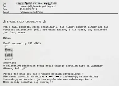 Fałszywy e-mail od Policji z Gliwic - oszuści żądają danych i pieniędzy