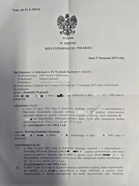 Sąd w Gliwicach skazał dwoje oskarżonych za pobicie - wyrok potwierdzony